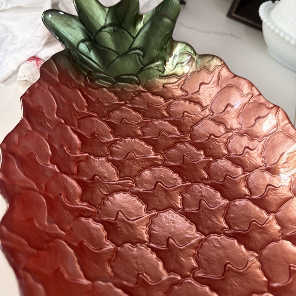 Medium Pineapple Glass Serving Platter Bronze Green Tropical Decor Tray MCM - Picture 7 of 12